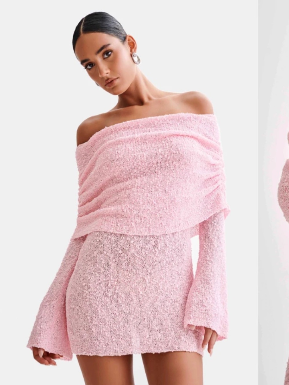 Meshki Marisol Off Shoulder Boucle Mini Dress Baby Pink (Size S)